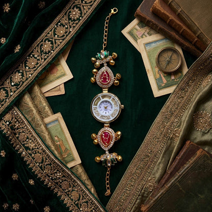 Maroon & Green Color Gold Plated Kashmiri Kundan Watch For Girls & Women Royal Design