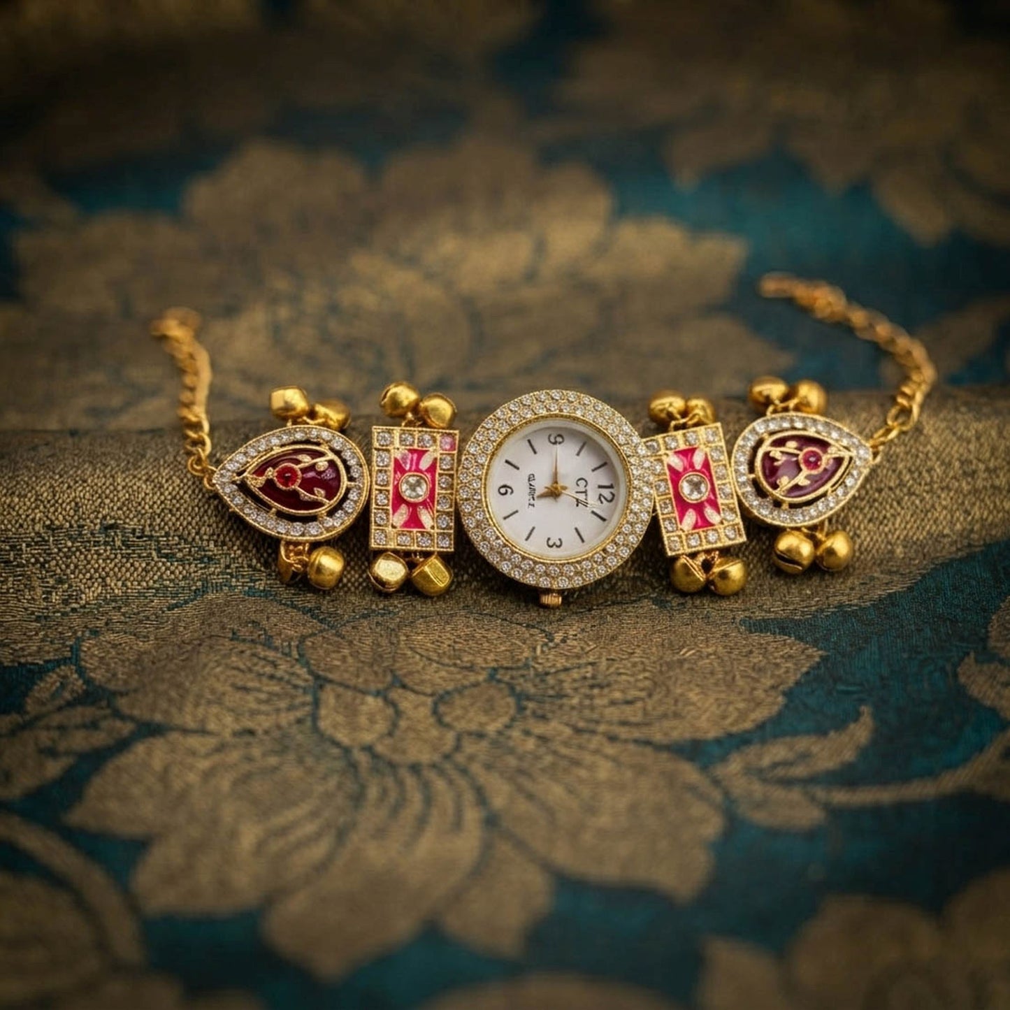 Pink & Maroon Color Gold Plated Kashmiri Kundan Watch For Girls & Women Fashion Style