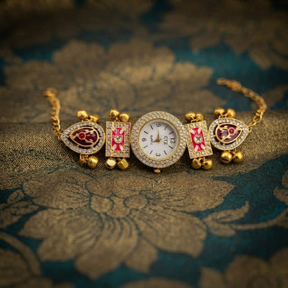 Pink & Maroon Color Gold Plated Kashmiri Kundan Watch For Girls & Women Fashion Style