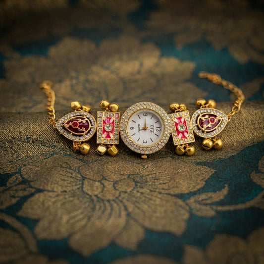 Pink & Maroon Color Gold Plated Kashmiri Kundan Watch For Girls & Women Fashion Style