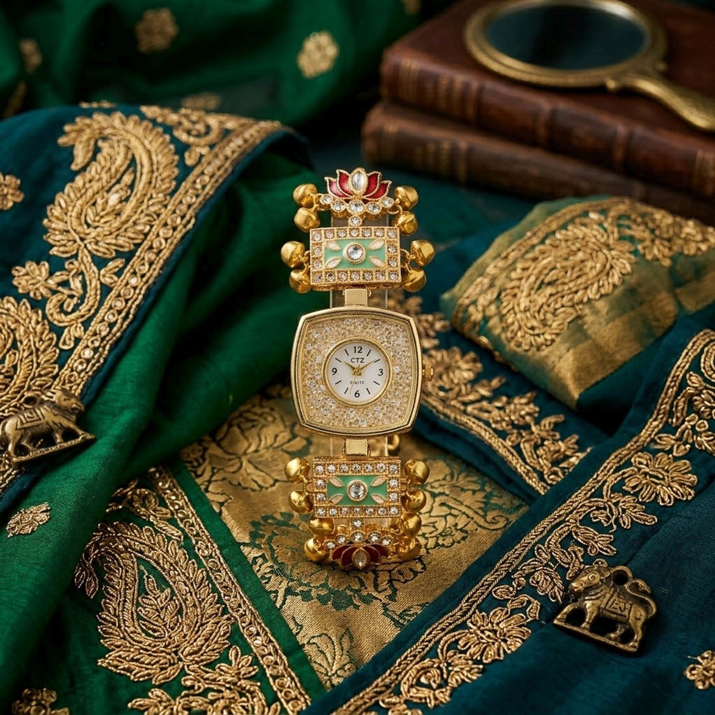 Pista Green & Maroon Color Gold Plated Kashmiri Kundan Watch For Girls & Women Royal Appeal