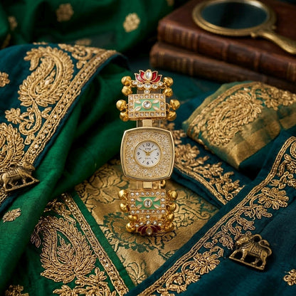 Pista Green & Maroon Color Gold Plated Kashmiri Kundan Watch For Girls & Women Royal Appeal