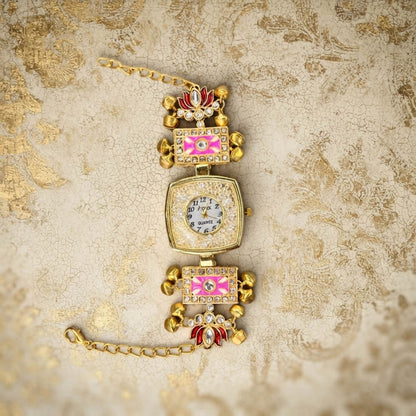 Pink & Maroon Color Gold Plated Kashmiri Kundan Watch For Girls & Women Elegant Design