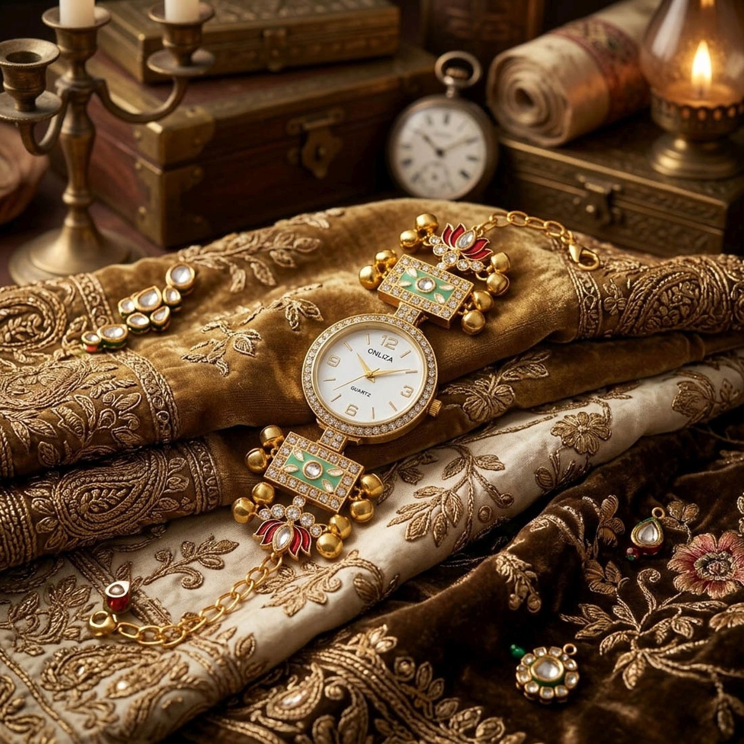 Pista Green & Maroon Color Gold Plated Kashmiri Kundan Watch For Girls & Women Designer Style