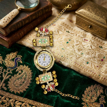 Pista Green & Maroon Color Gold Plated Kashmiri Kundan Watch For Girls & Women Festive Design