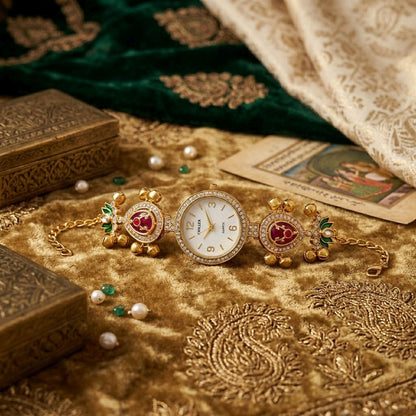 Maroon & Green Color Gold Plated Kashmiri Kundan Watch For Girls & Women Traditional Appeal