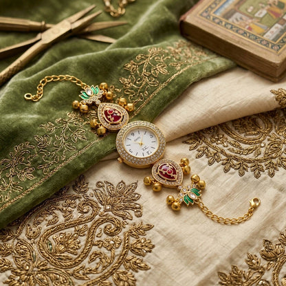 Maroon & Green Color Gold Plated Kashmiri Kundan Watch For Girls & Women Handmade Style