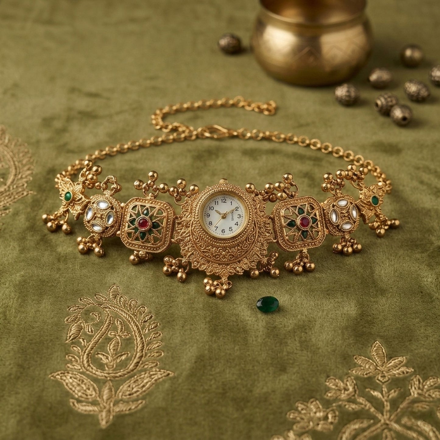 Kashmiri Kundan Gold Plated Emerald Green And Rich Maroon Color Designer Bracelet Watch For Women