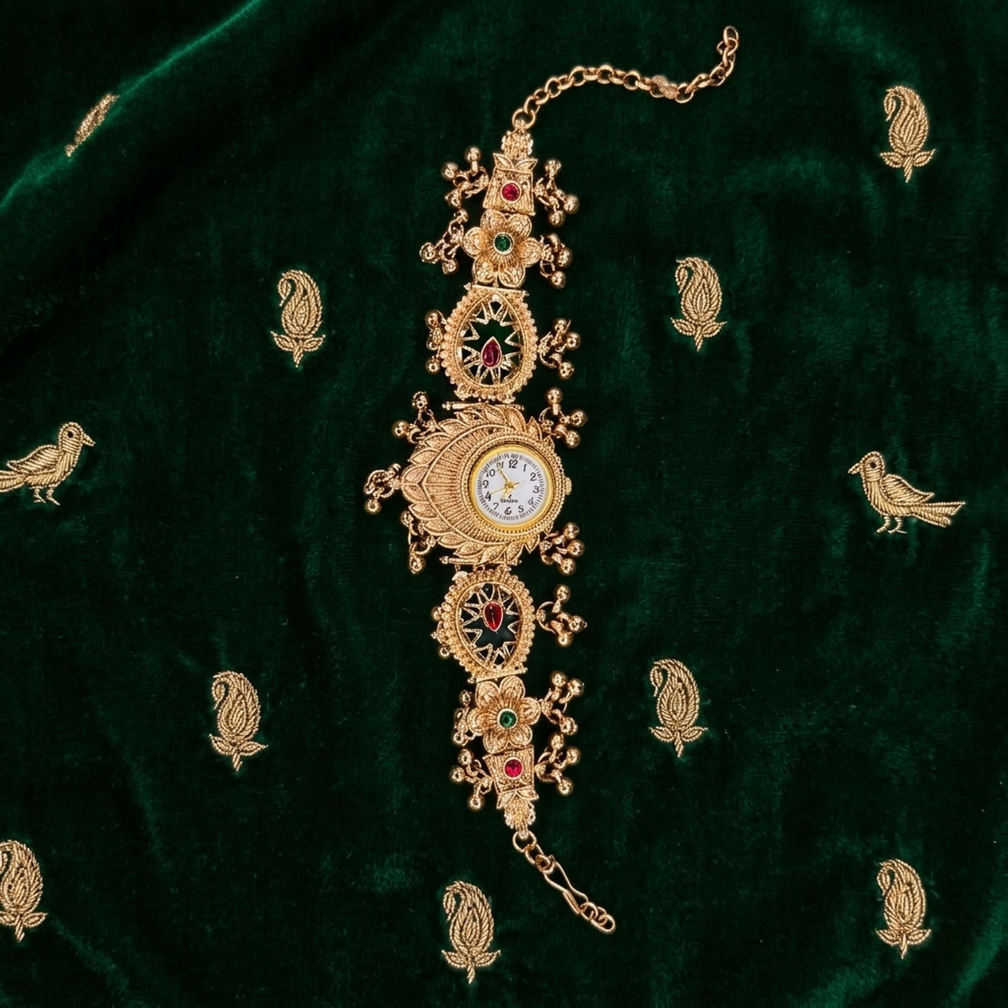 Traditional Kashmiri Kundan Gold Plated Emerald Green And Rani Pink Color Jewel Watch For Girls