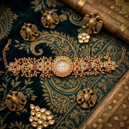Royal Kashmiri Kundan Gold Plated Rani Pink And Emerald Green Color Ethnic Bangle Watch For Women