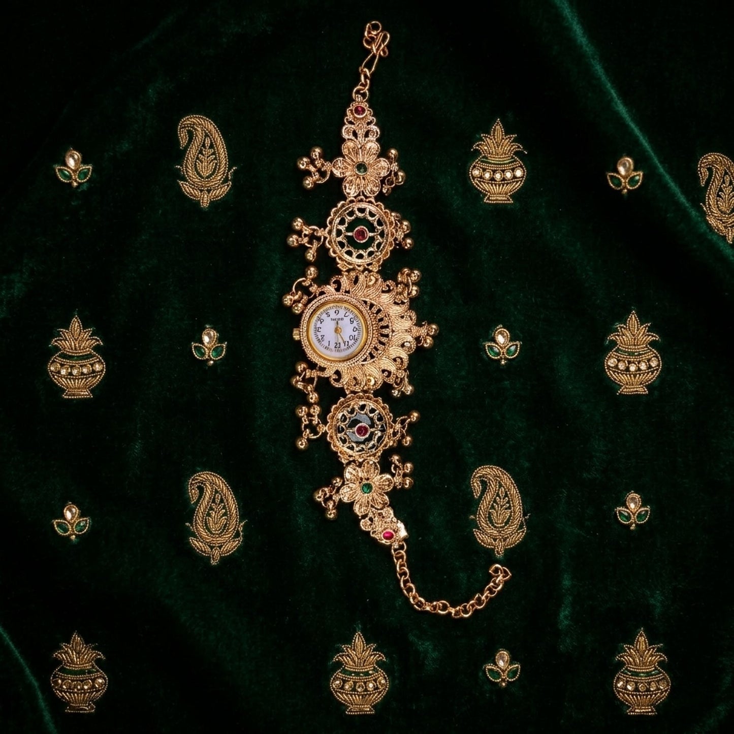 Elegant Kashmiri Kundan Gold Plated Rani Pink And Leaf Green Color Partywear Strap Watch For Girls