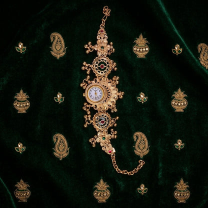 Elegant Kashmiri Kundan Gold Plated Rani Pink And Leaf Green Color Partywear Strap Watch For Girls