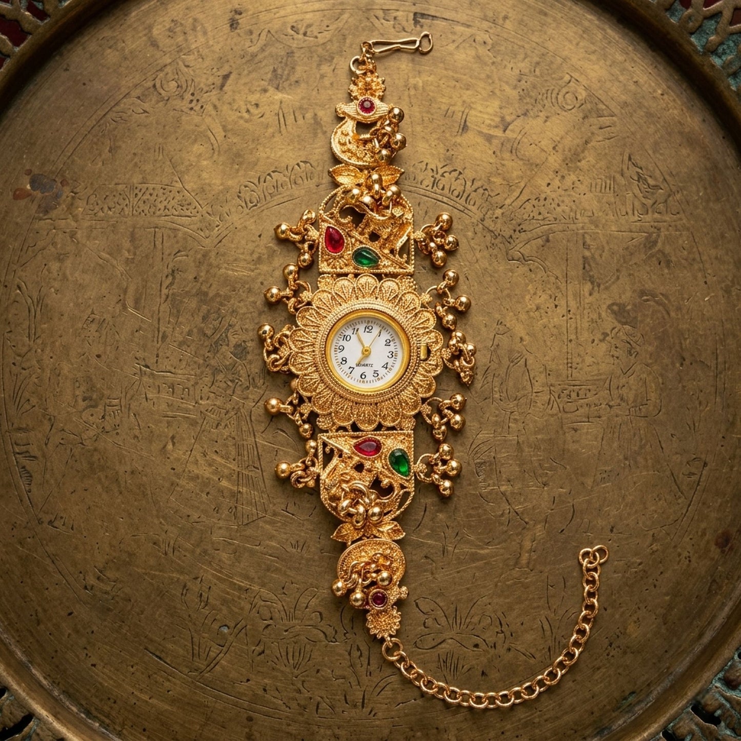 Handcrafted Kashmiri Kundan Gold Plated Rani Pink And Forest Green Color Bridal Jewelry Watch For Women