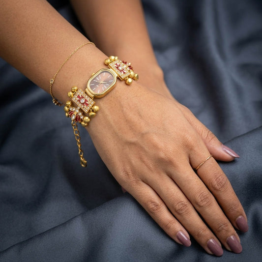 Classic Deep Maroon Color Gold Plated Designer Bracelet Watch For Girls & Women