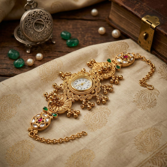 Exquisite Kashmiri Kundan Gold Plated Rani Pink And Jade Green Color Statement Wrist Watch For Women