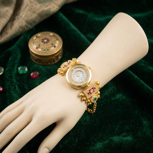 Exquisite Maroon & Emerald Green Color Gold Plated Bangle Watch For Girls & Women
