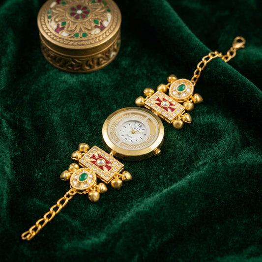 Exquisite Maroon & Emerald Green Color Gold Plated Bangle Watch For Girls & Women