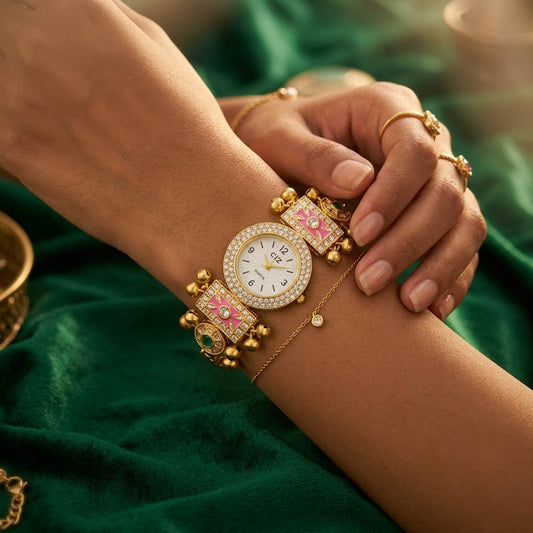 Soft Light Pink & Jade Green Color Designer Festive Watch For Girls & Women