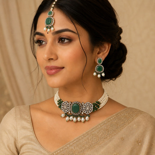 Designer Green Color Choker Kundan Necklace Set For Women Party Wear