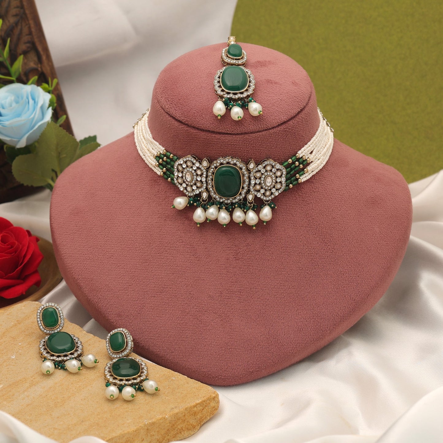 Designer Green Color Choker Kundan Necklace Set For Women Party Wear