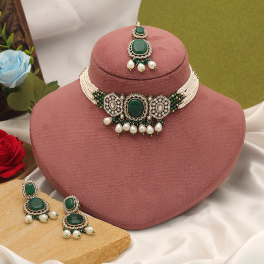 Designer Green Color Choker Kundan Necklace Set For Women Party Wear