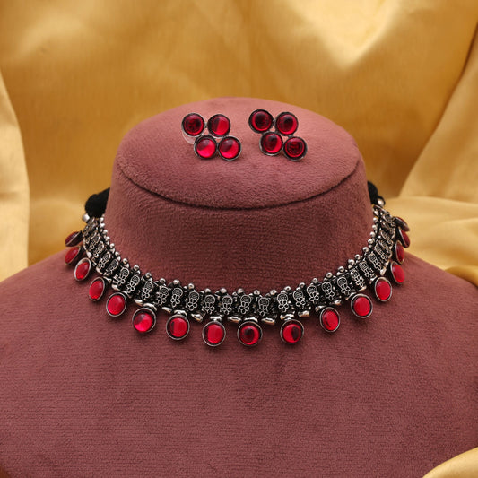 Elegant Red Color Oxidised Necklace Set Designed For Women’S Traditional Fashion Jewelry