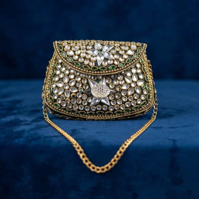 Glamorous Party Gold Color Kundan Metal Handmade Golden Evening Clutch Bag