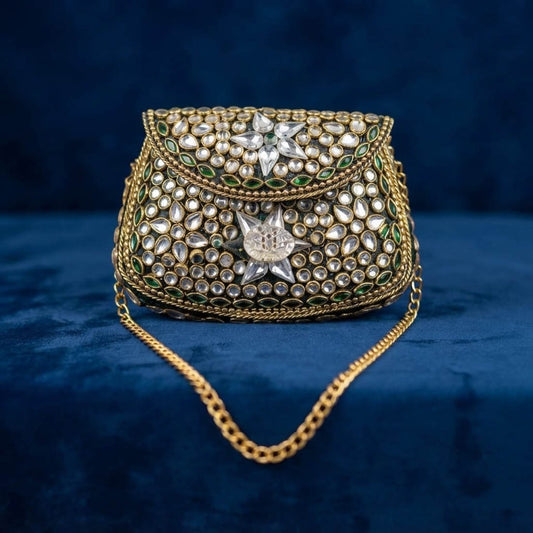 Glamorous Party Gold Color Kundan Metal Handmade Golden Evening Clutch Bag